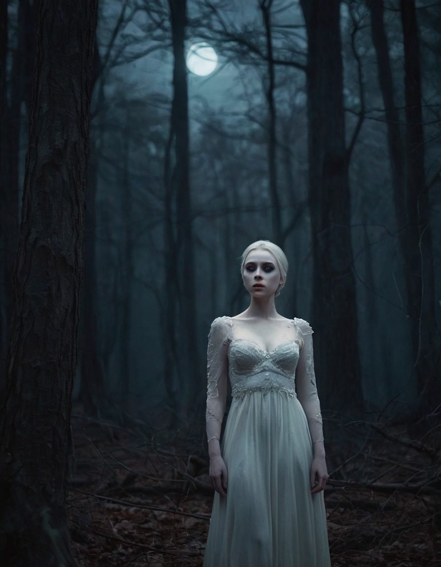 woman, pale skin, dark eyes, moonlit forest, beauty, haunting, ethereal, gothic, underground, dark