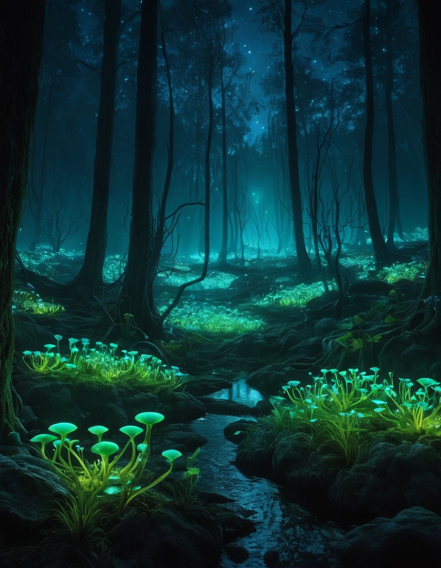 bioluminescent, plants, forest, alien landscape, extraterrestrial, aliens