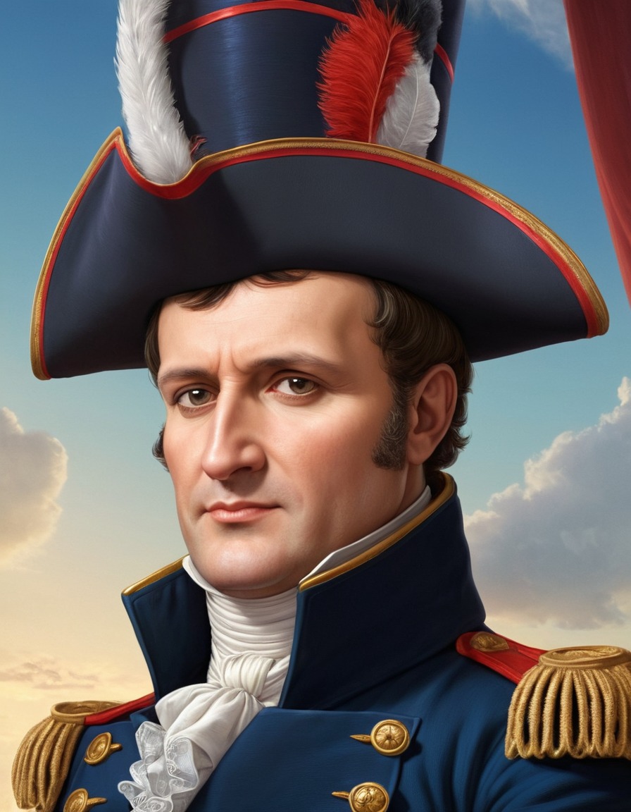 caricature, napoleon bonaparte, exaggerated features, oversized hat, funny