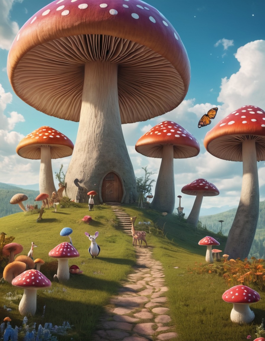 mushrooms, animals, meadow, whimsical, fantastic