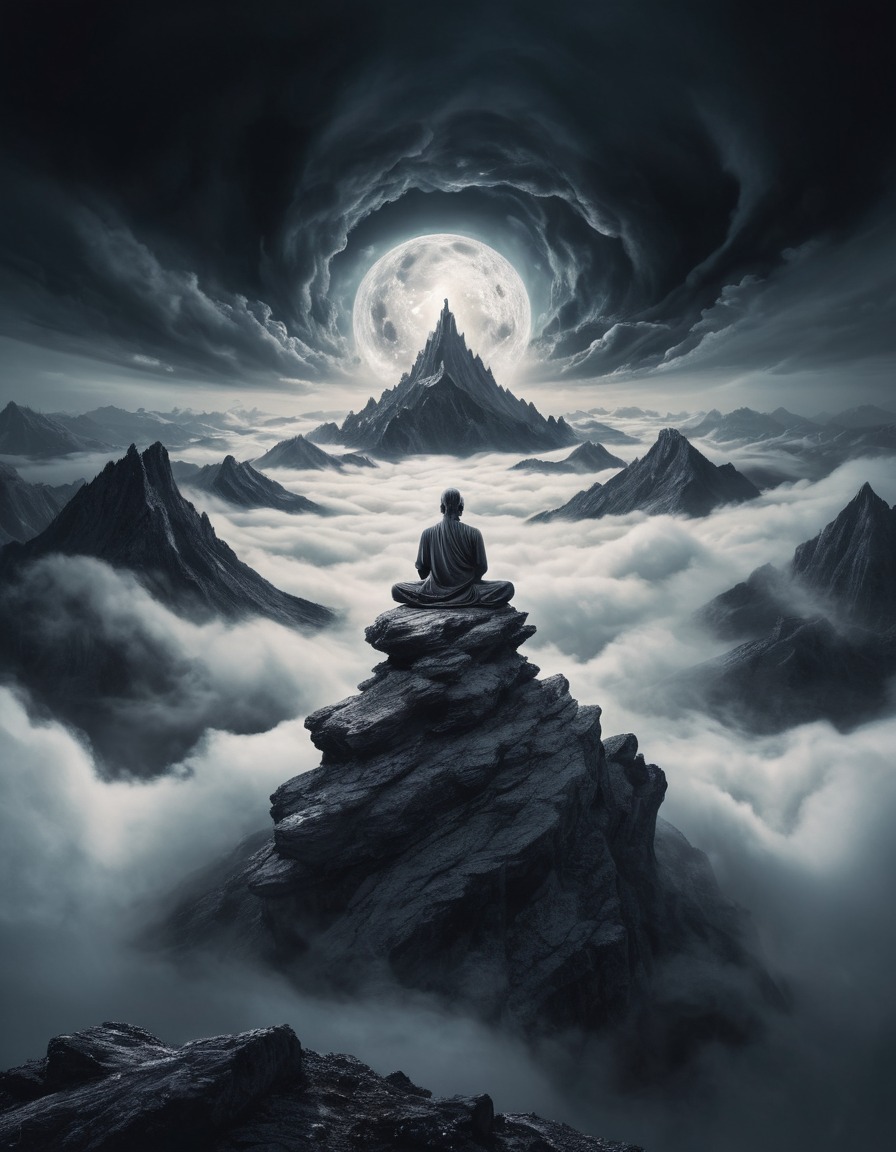 meditation, mountain peak, swirling clouds, isolation, spirituality, contemplation, solitude