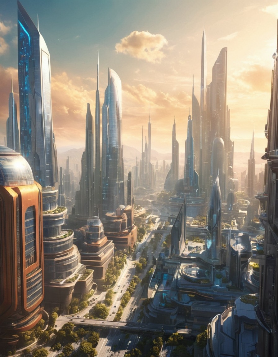 futuristic, cityscape, sleek design, geometric buildings, architecture