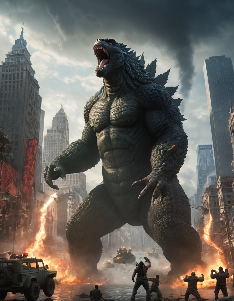 godzilla, king kong, city destruction, monster battle, action movie, sci-fi, fantasy, kong