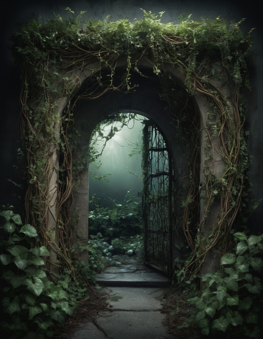 mystical garden, doorway, vines, nature, enchanted, magical, portal