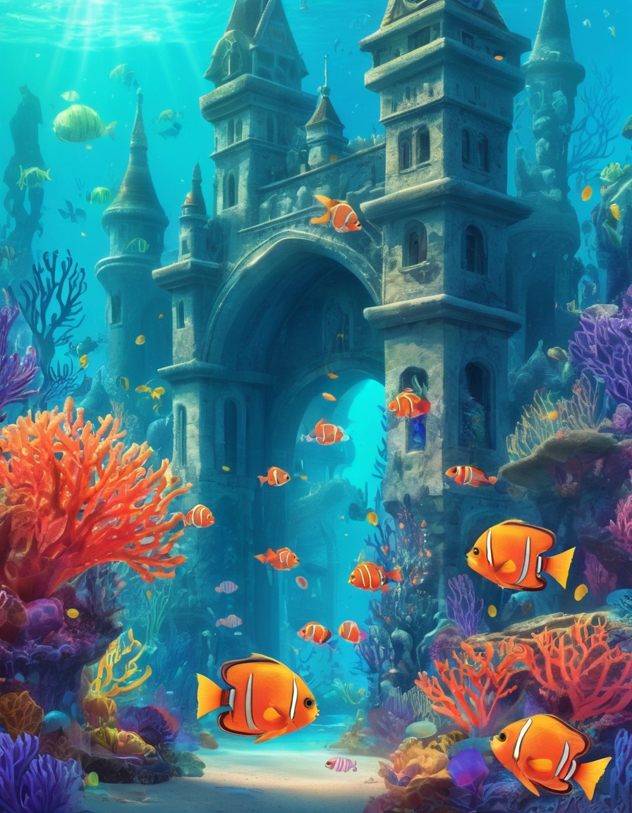 underwater, kingdom, coral, castle, fish, fantastic