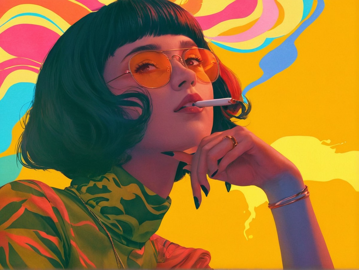 popart, psychedelicart, smoking, sunglasses, woman, aiart, aiillustration, aiartwork