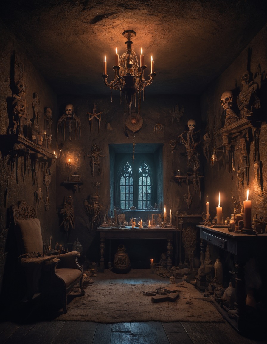 mystery, danger, candlelit, chamber, symbols, artifacts, gothic, underground, dark