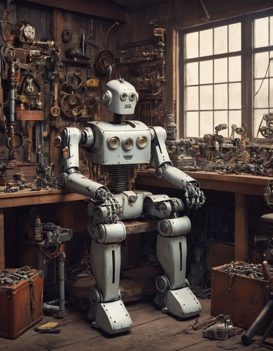 robot, elderly, workshop, vintage, mechanical parts, robots