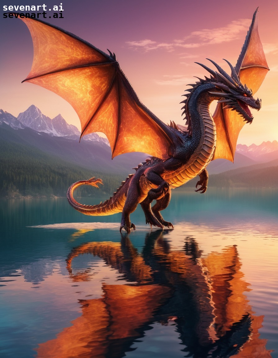 fantasy, dragon, sunset, lake, majestic