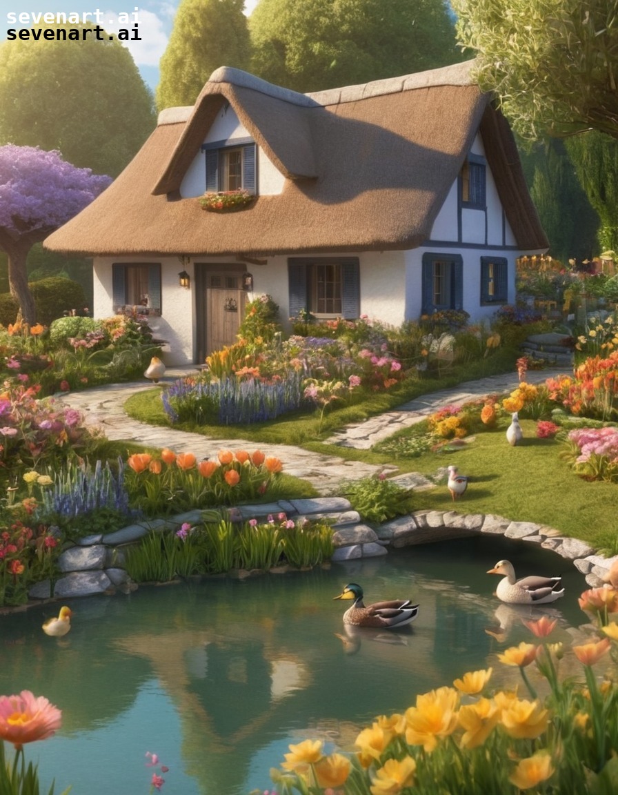 house, thatched roof, garden, pond, ducks, home