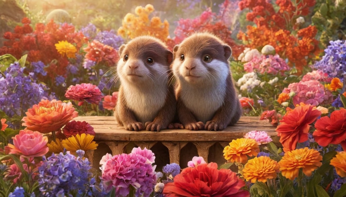 bench, couple, cute, decorated, flowers, otter