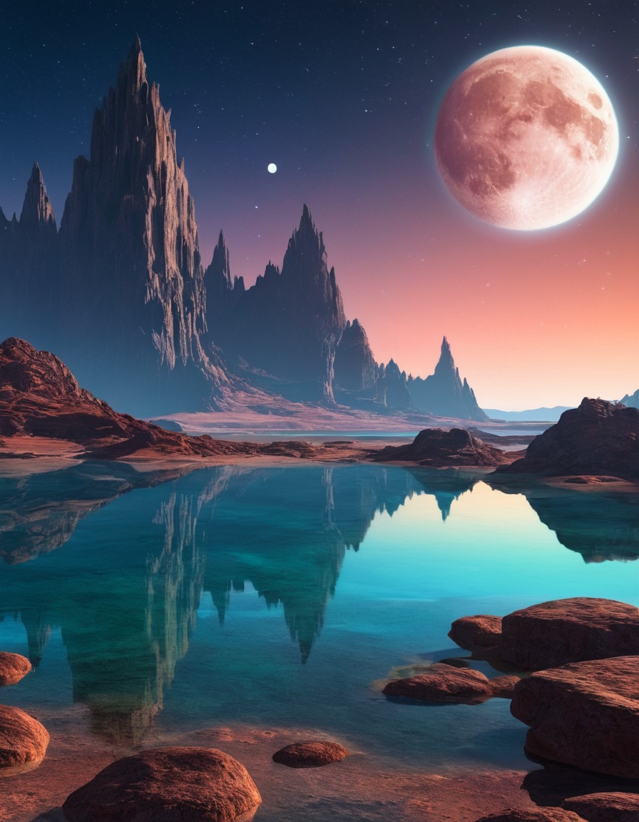 alien lake, double moons, serenity, extraterrestrial landscape, extraterrestrial, aliens