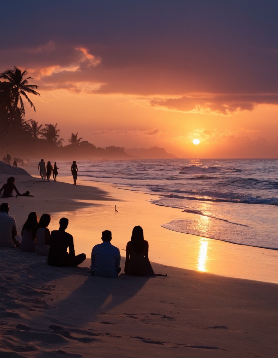 sunset, beach, silhouettes, nature, relaxation