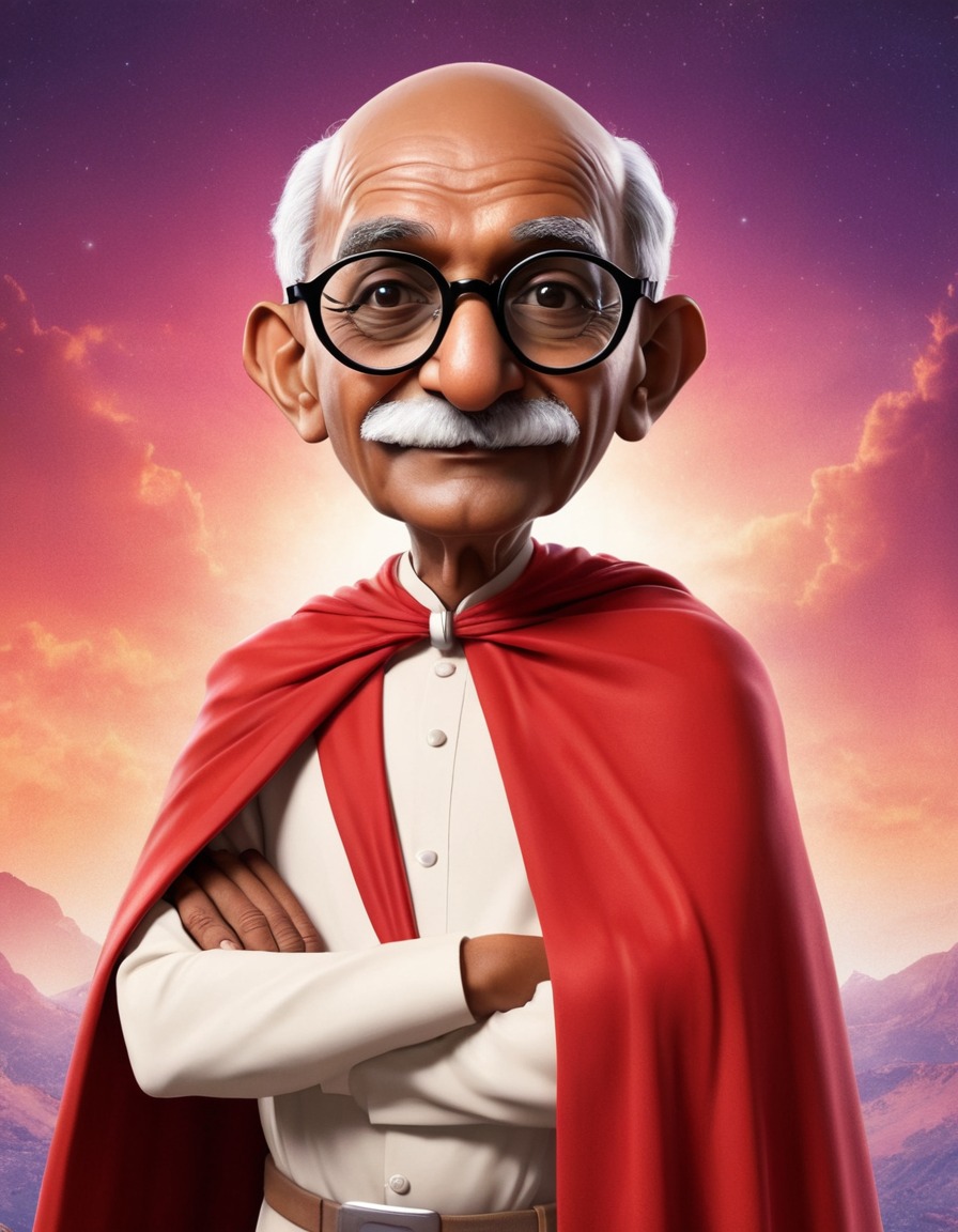 mahatma gandhi, caricature, superhero, oversized glasses, clothing, culture, funny