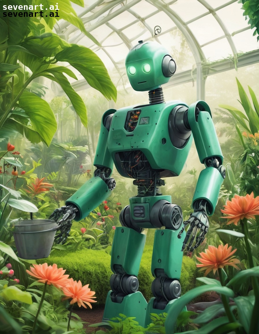 robot, gardener, botanical garden, plant life, lush, robots