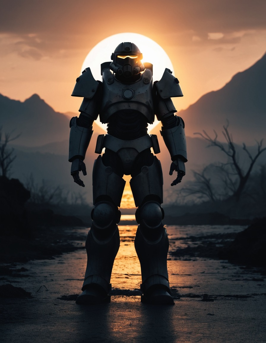 sci-fi, power armor, silhouette, sunset, warrior., fallout, games, tv shows, amazon prime