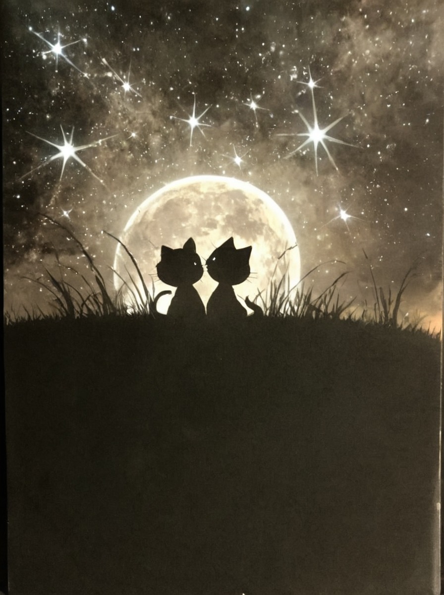 cats, darkness, ink, landscape, moon, moonlight, nature, painting, shadows, stars, traditional, animalswildlife, marker_white, landscape_ink