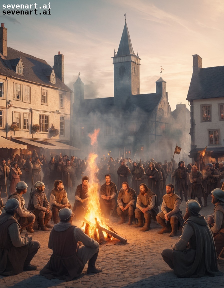 villagers, bonfire, town square, medieval festival, community gathering, middle ages