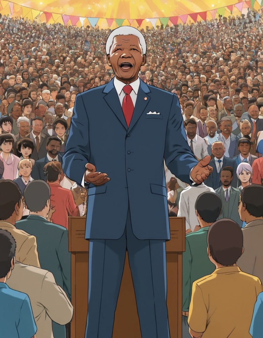 nelson mandela, speech, crowd, leader, anime