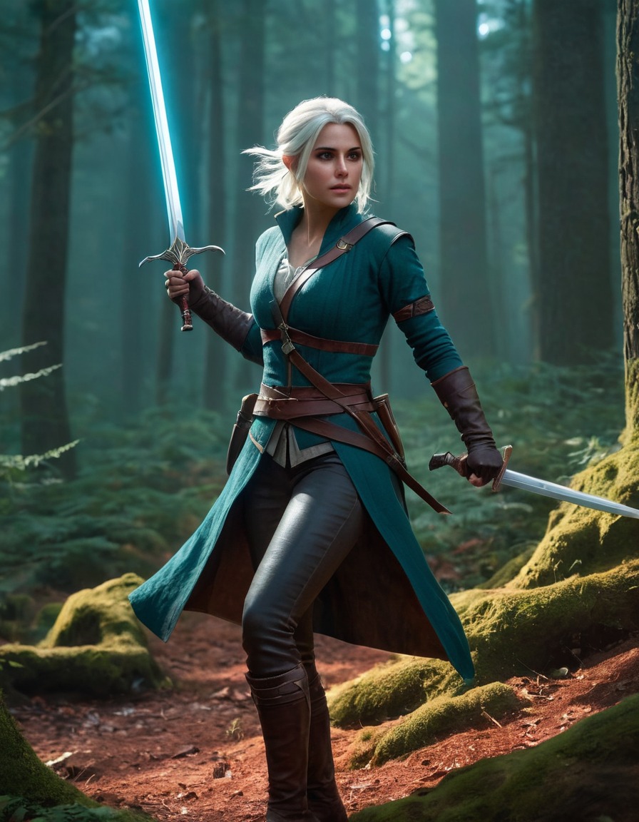 ciri, swordswoman, fantasy, magic, forest, witcher, games, girls from games