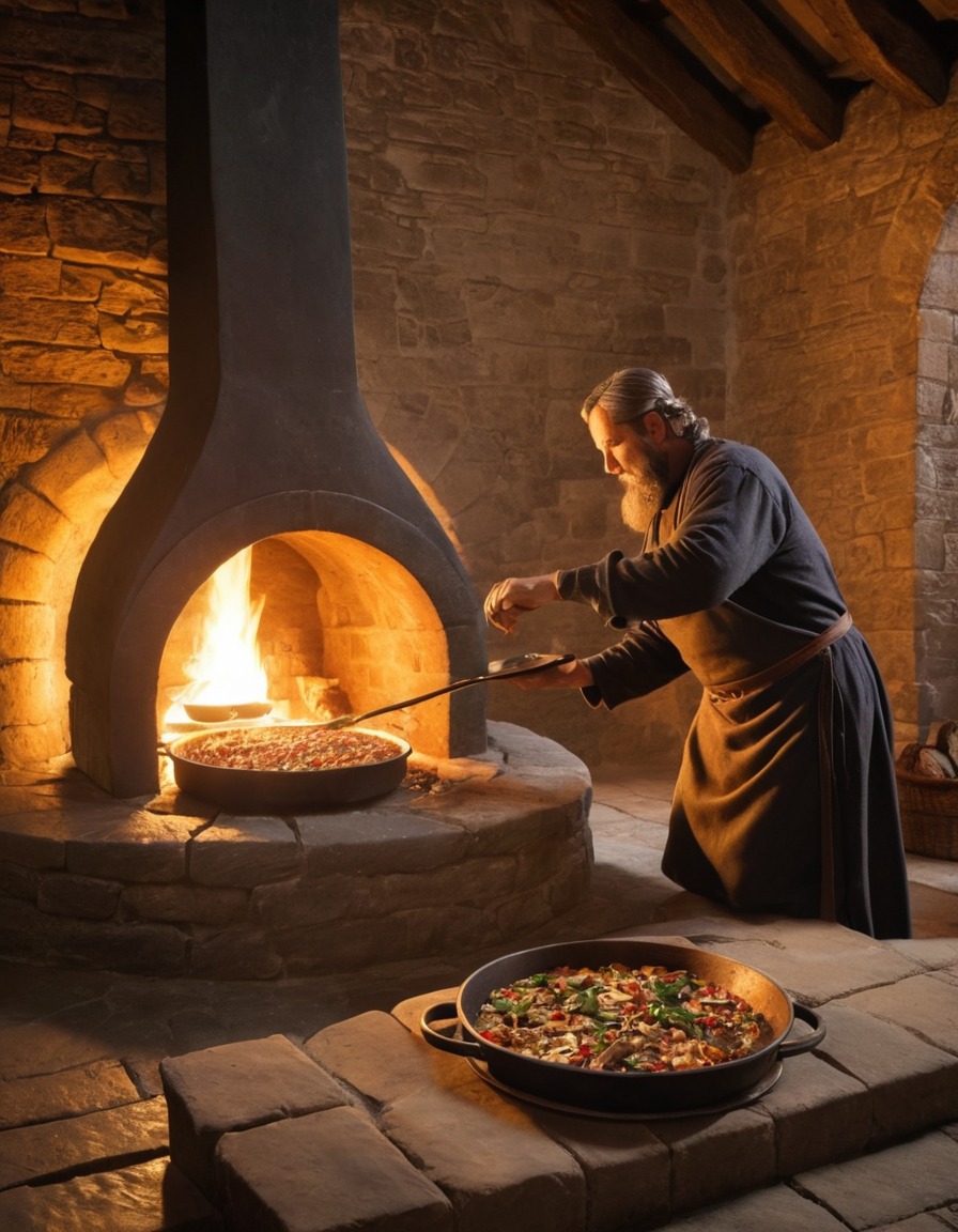 ancient cook, meal preparation, large hearth, medieval england, 1300 ad