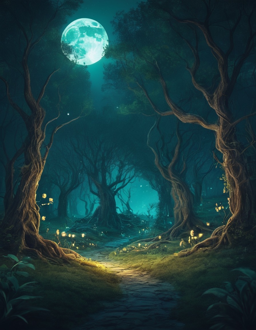 magical, forest, trees, dancing, moon