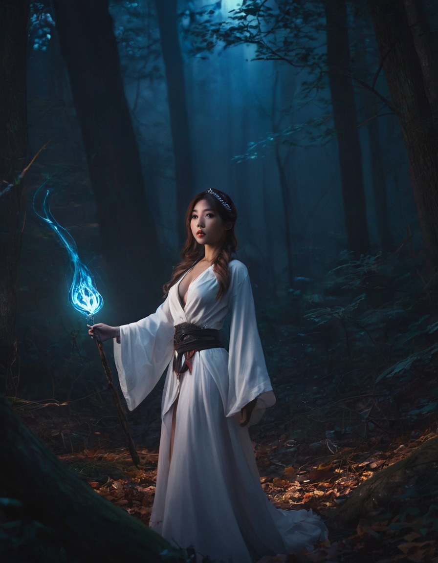 yuna, forest, magic, spellcasting, fantasy, mystic, glowing, games, dark