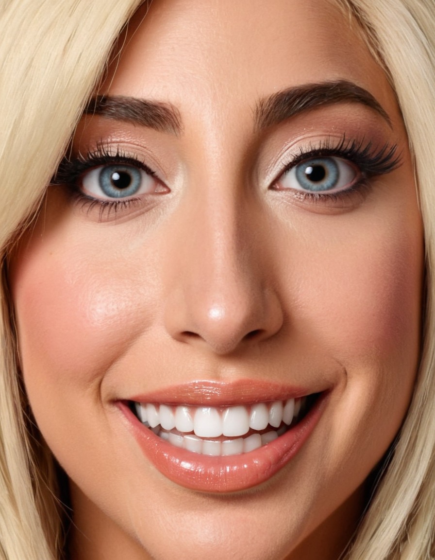 lady gaga, singer, big nose, huge smile, forehead, big eyes, bold features