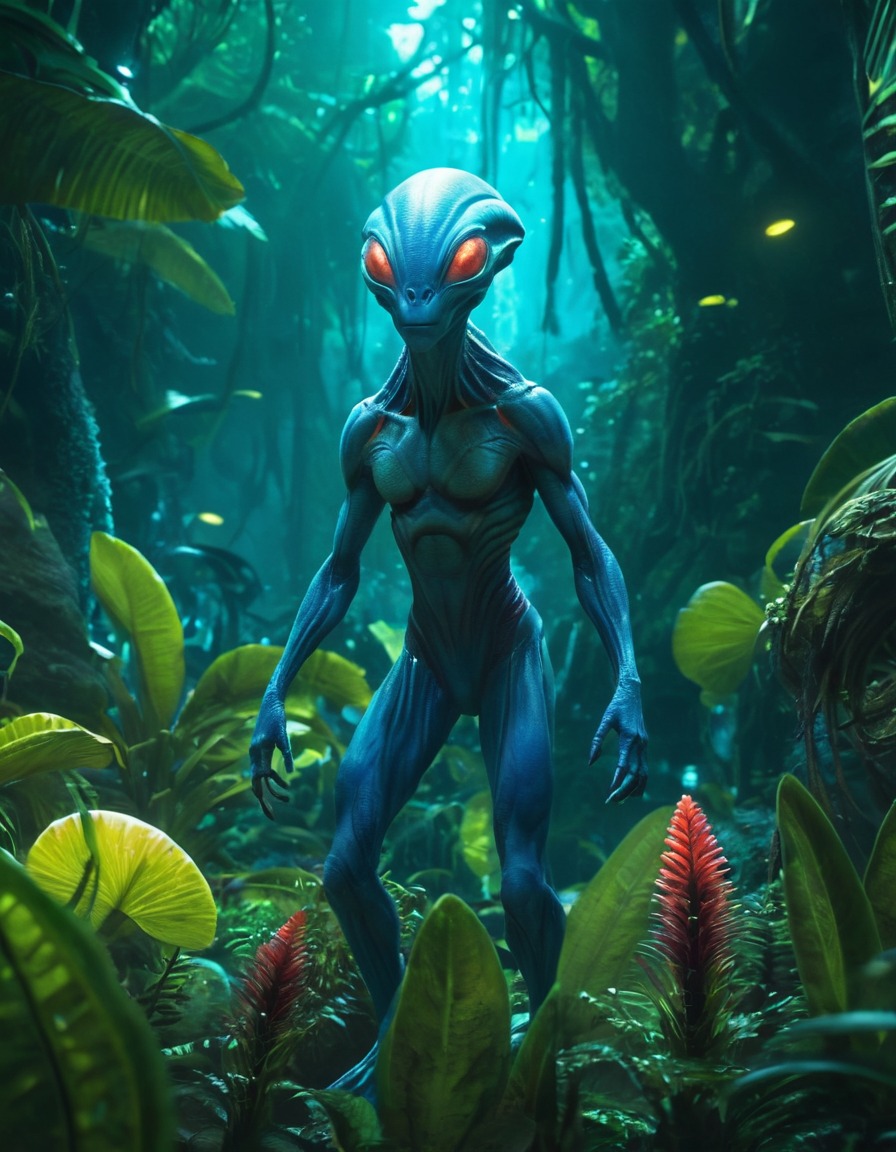 alien, creature, bioluminescent, scales, jungle, vibrant, exploration, extraterrestrial, aliens