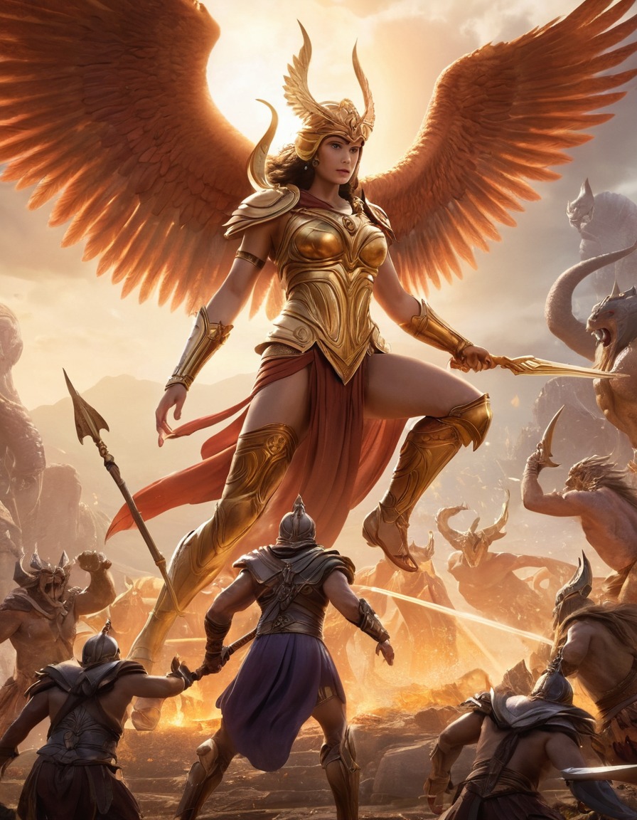 athena, greek mythology, fight scene, monsters, battle, warrior, goddess