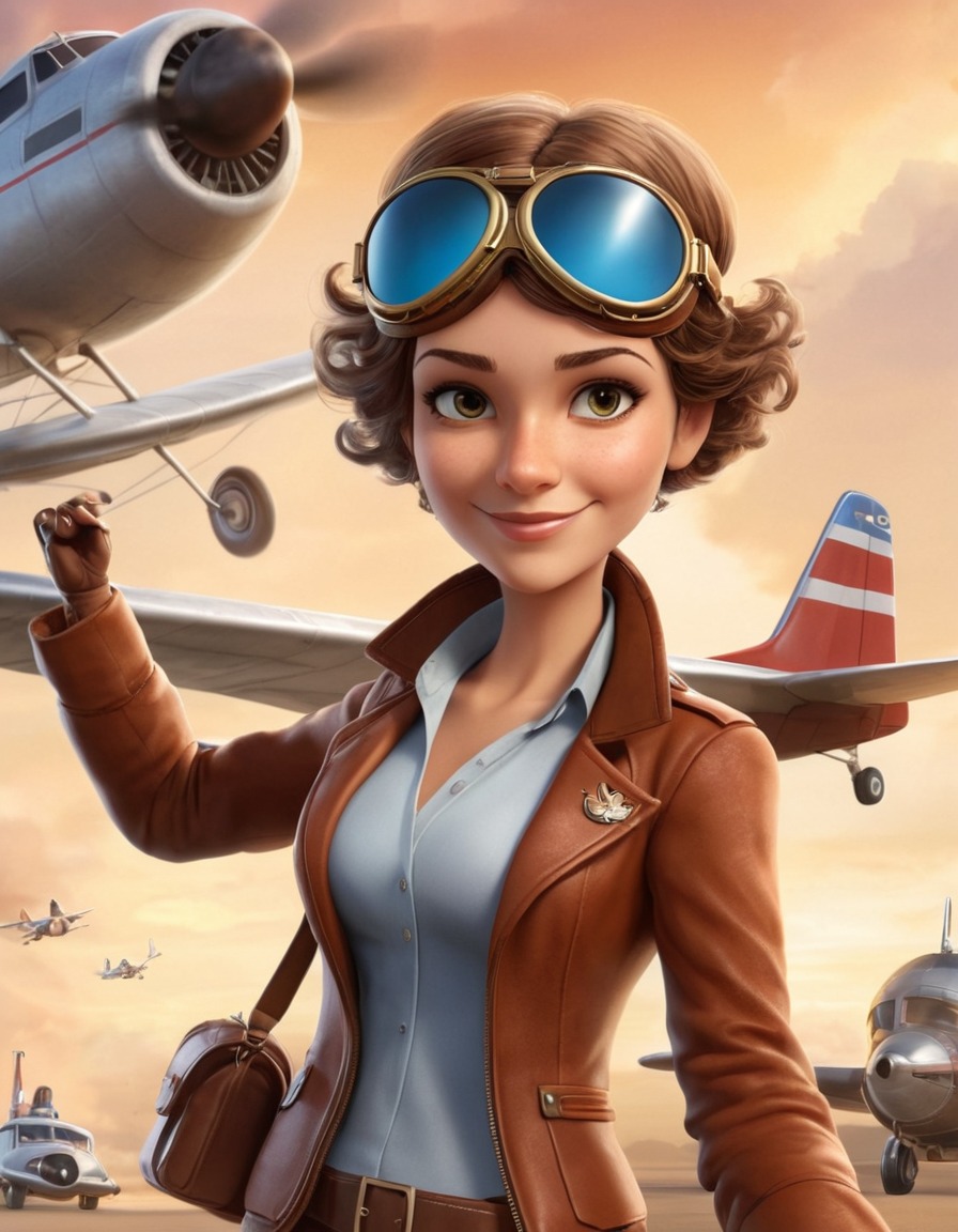 amelia earhart, caricature, aviator goggles, airplane, humor, funny