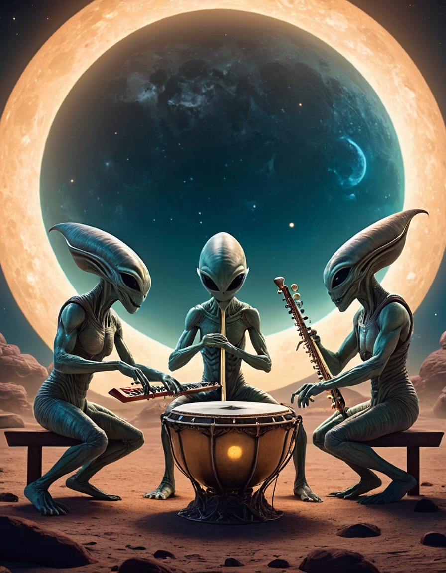 alien, musicians, otherworldly, instruments, moons, extraterrestrial, aliens