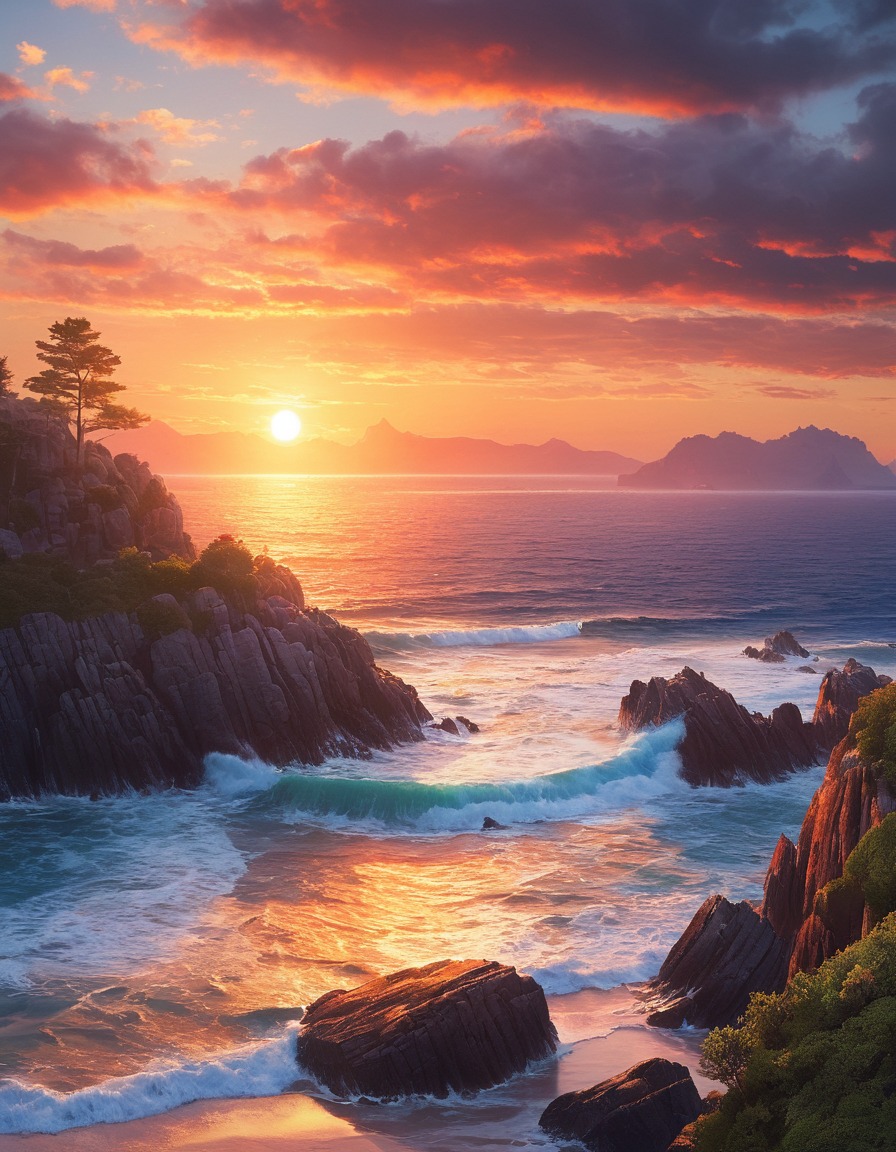 sunset, coastal, seascape, rocky, landscape