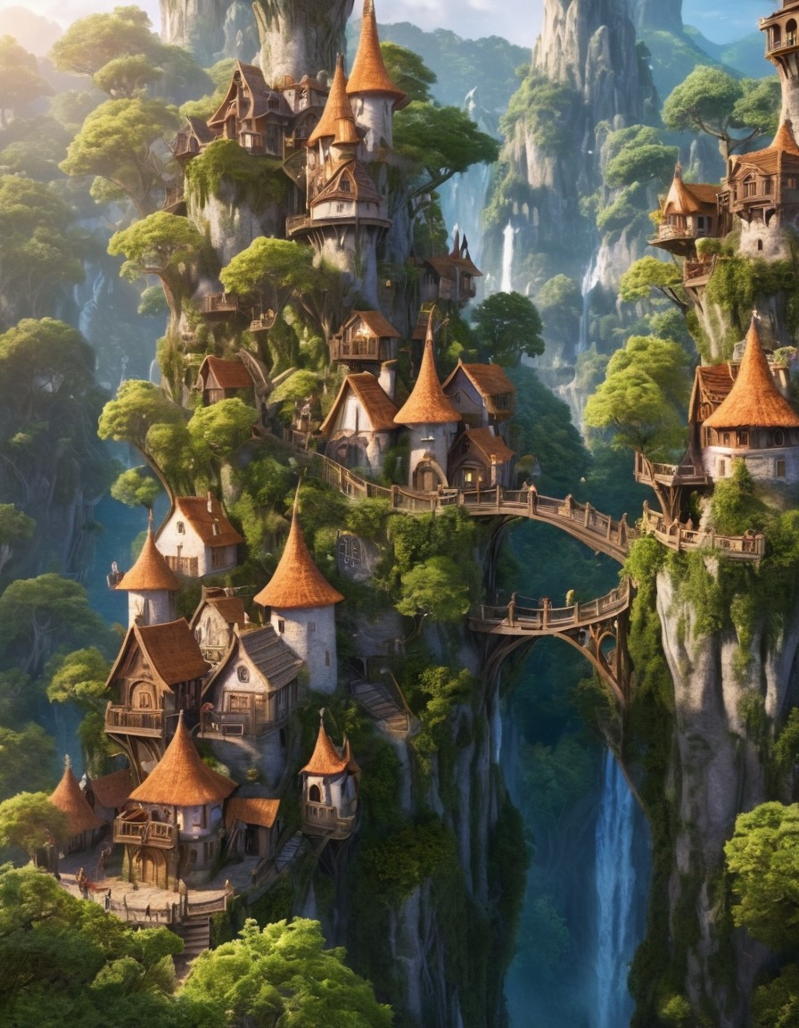 elves, village, treetops, fantasy, magical, nature, community