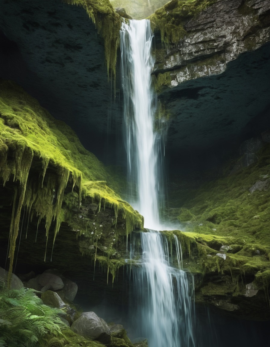 nature, waterfall, moss, serene, refreshing