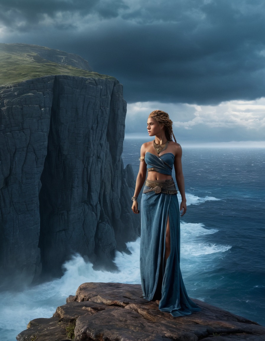 senua, character, video game, fantasy, cliff, stormy sea, games, girls from games