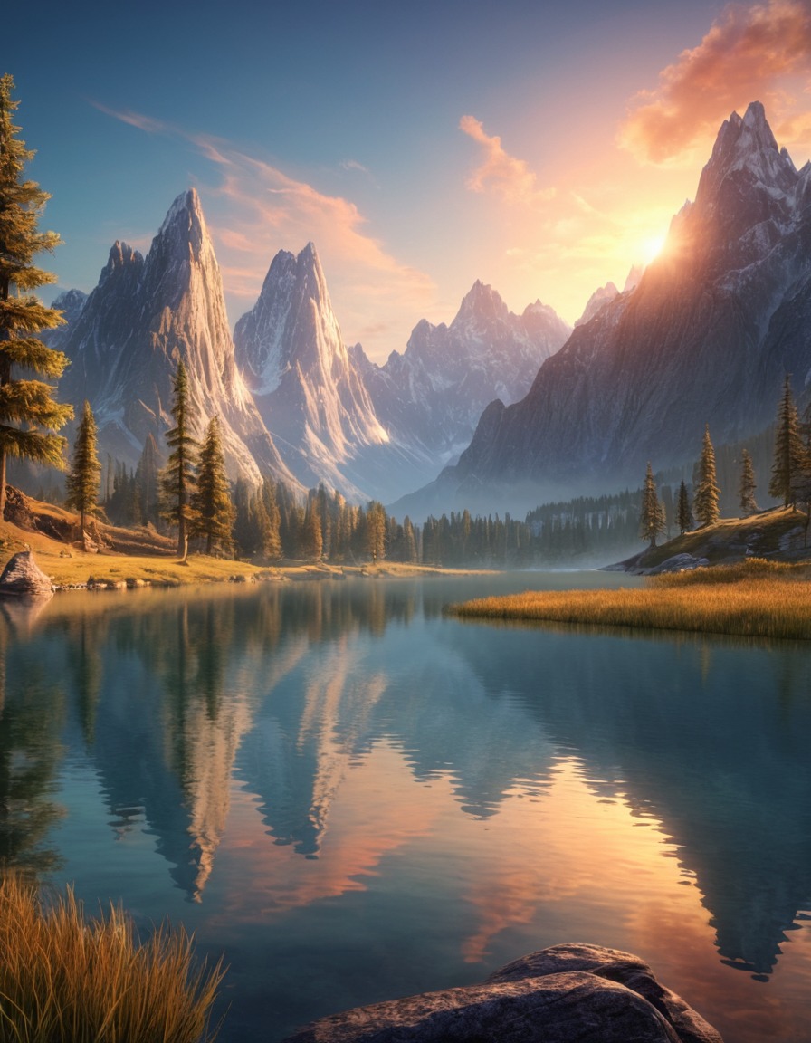 nature, sunrise, lake, mountains, tranquility