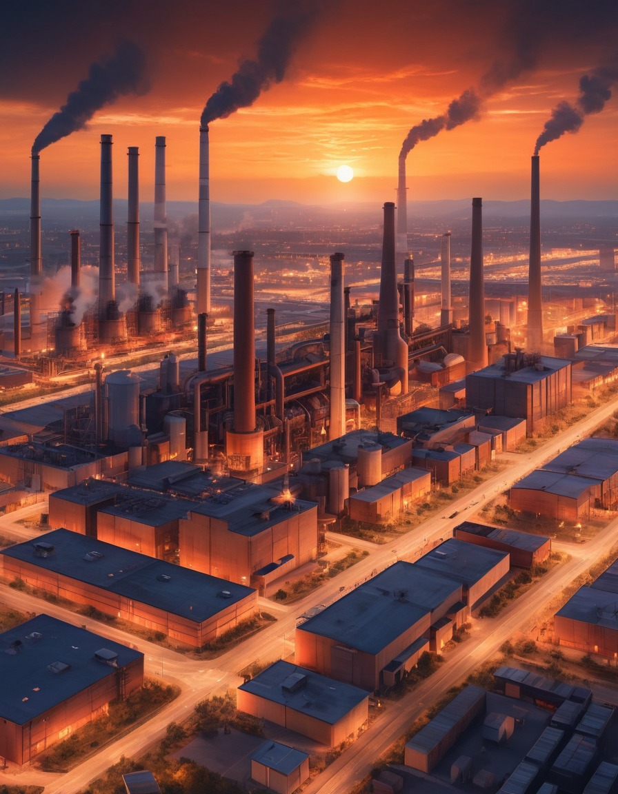 industrial park, dusk, smokestacks, sky, orange sky