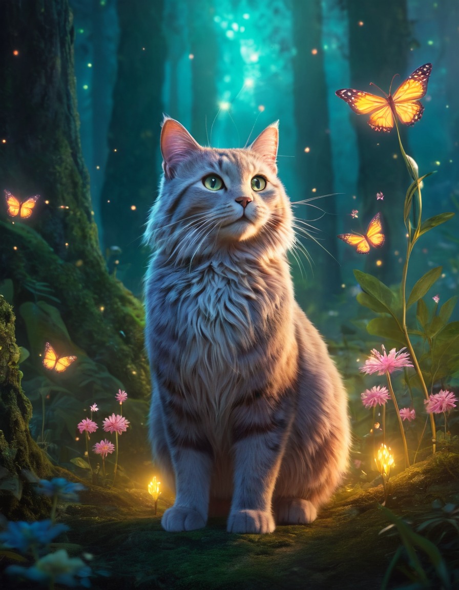 fantasy, mythical creature, catoblepas, forest, glowing flowers, fireflies