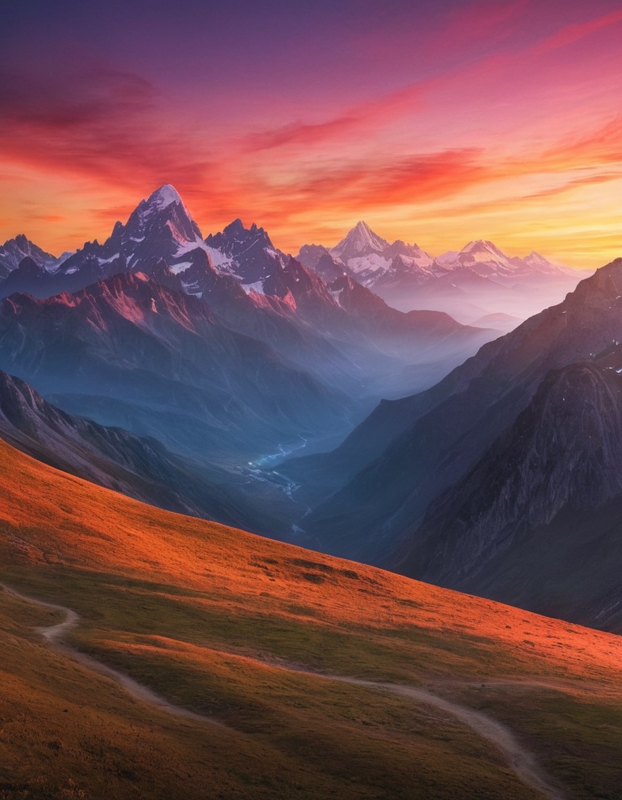 nature, mountain range, sunrise, colorful sky