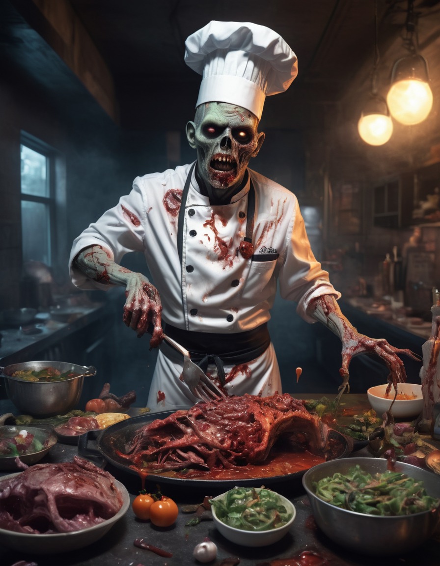 zombie, chef, gruesome feast, fancy restaurant