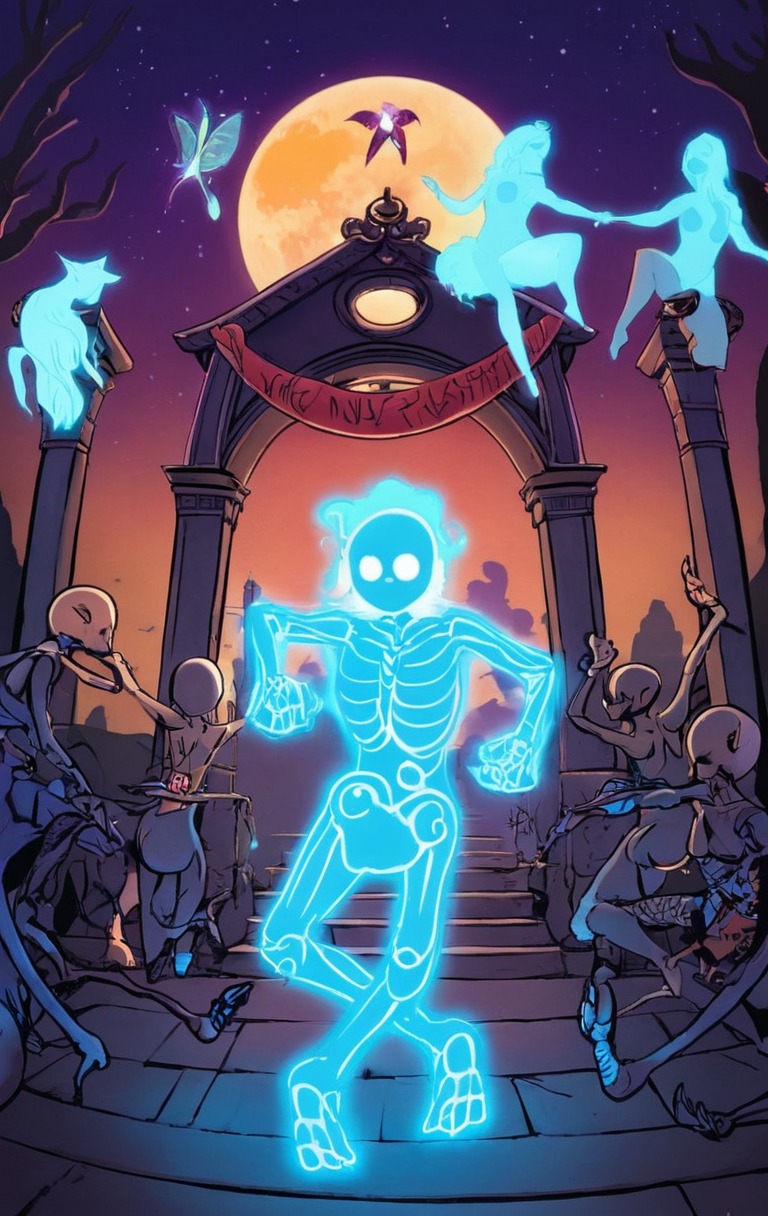 cartoon, digitalart, spirit, spooky, ghost, dance, fantasy, ghostgirl, horror, illustration, magic, party, skeleton, skeletons, skull, soul, swinging, deadmansparty, spooktober, spooktober2024