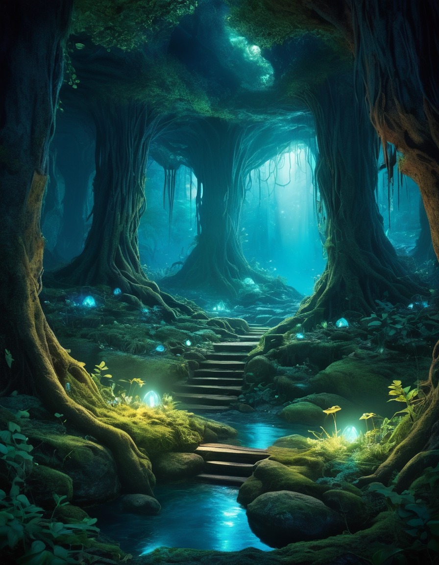 cave, hidden, glowing, bioluminescent, forest, fantastic