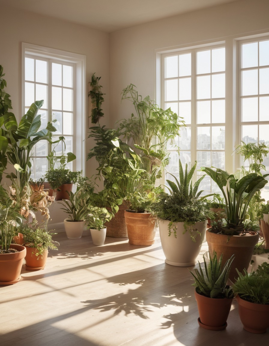 indoor, potted plants, home decor, natural lighting, cozy room, home, interior