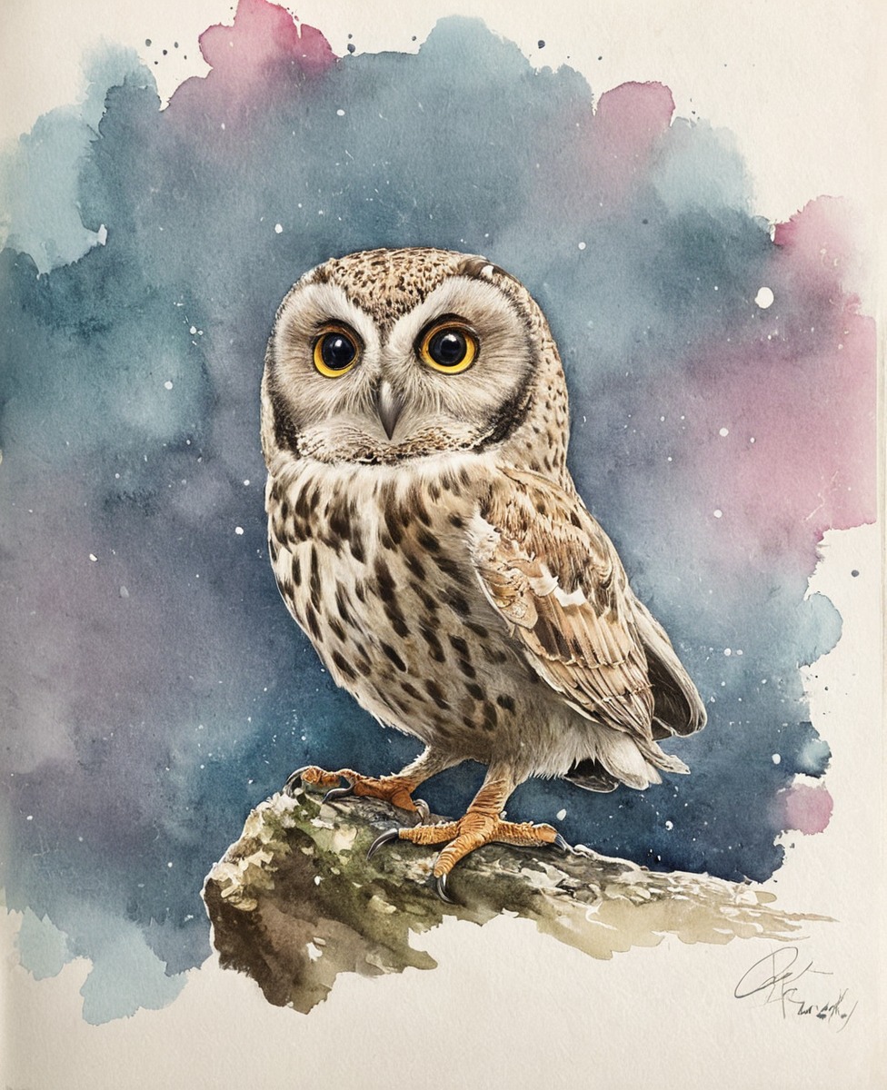 animal, bird, watercolour, owl, ink, pencil, watercolor