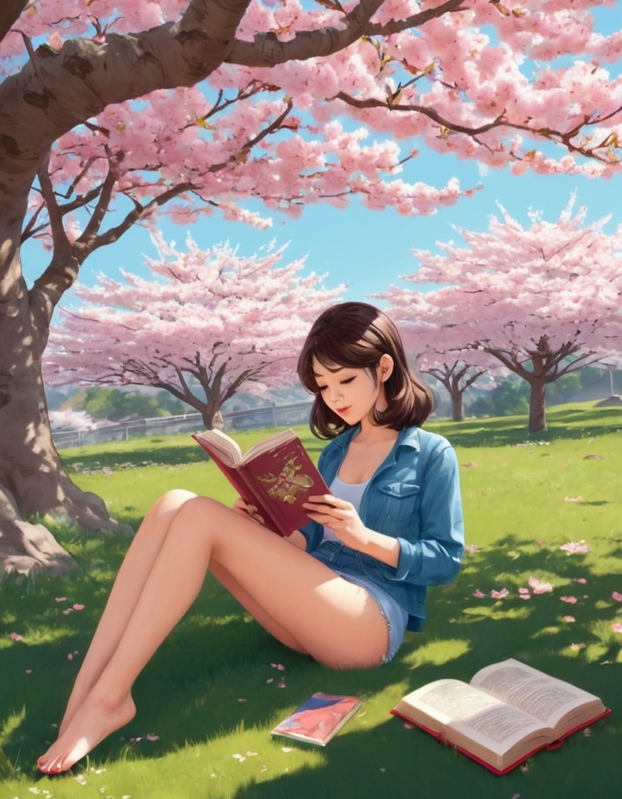 girl, reading, book, cherry tree, nature, relaxation