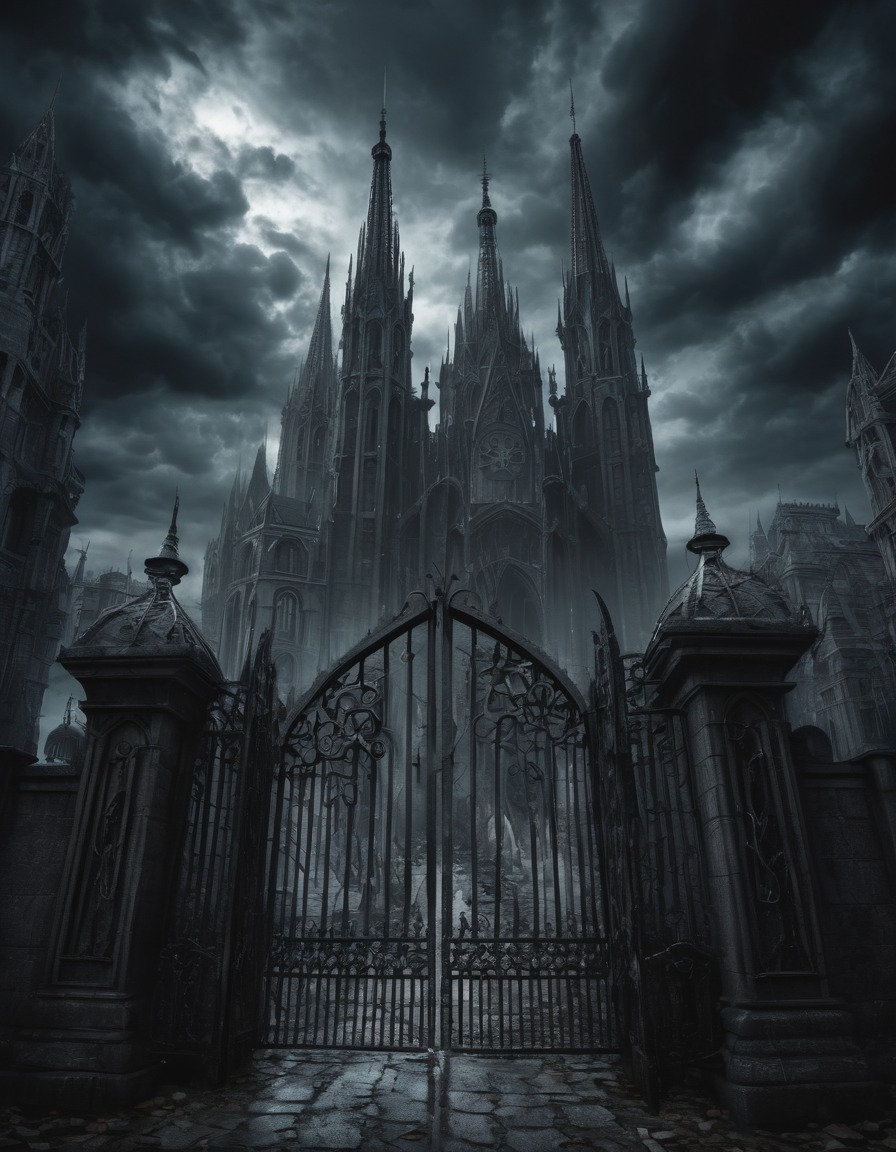 gothic architecture, cityscape, spires, wrought iron gates, ominous clouds, gothic, underground, dark