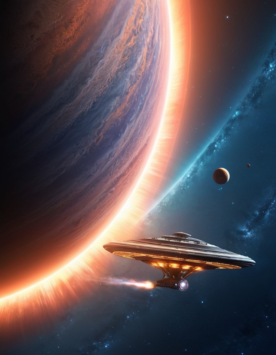 space, spaceship, giant planet, glowing rings, space scene