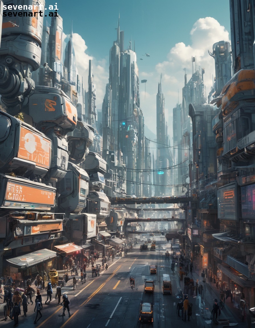 futuristic, cityscape, robots, humans, coexistence