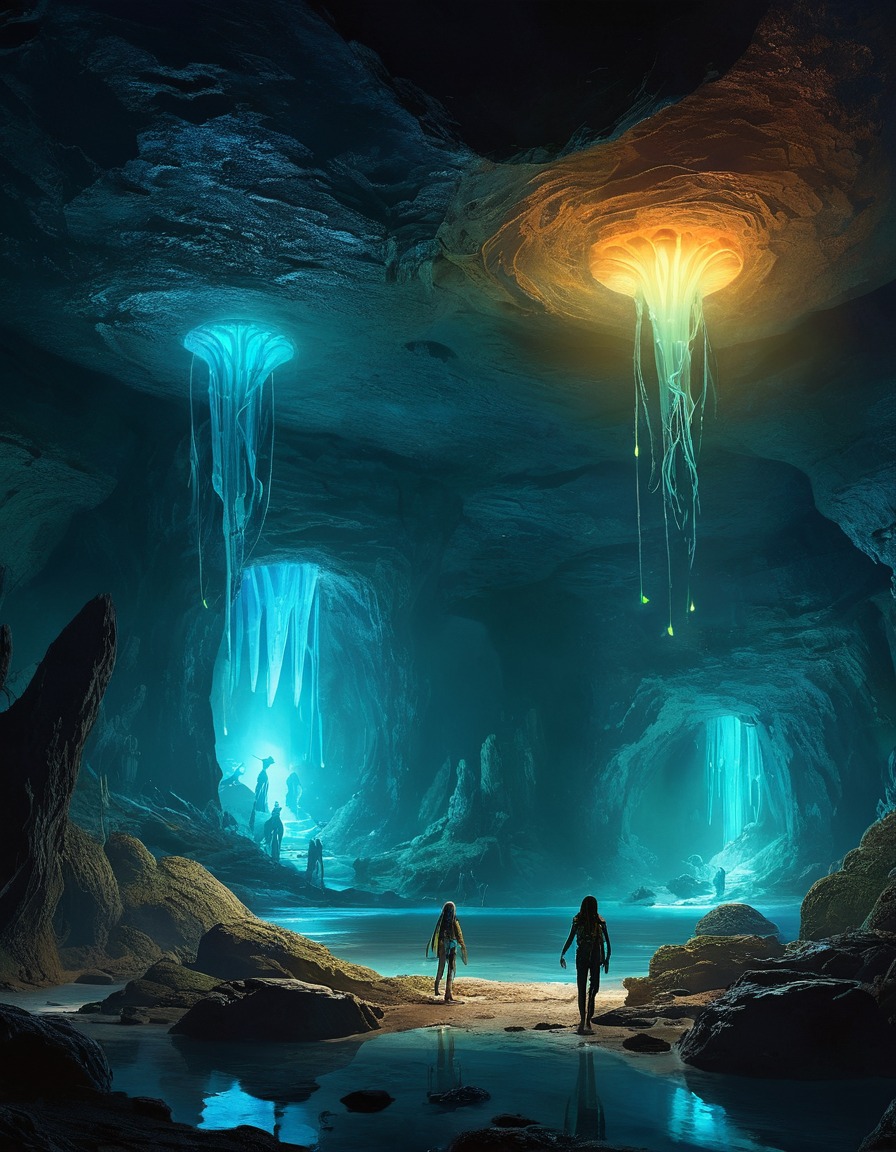 fantasy, creatures, bioluminescent, underground cave, colony, fantastic